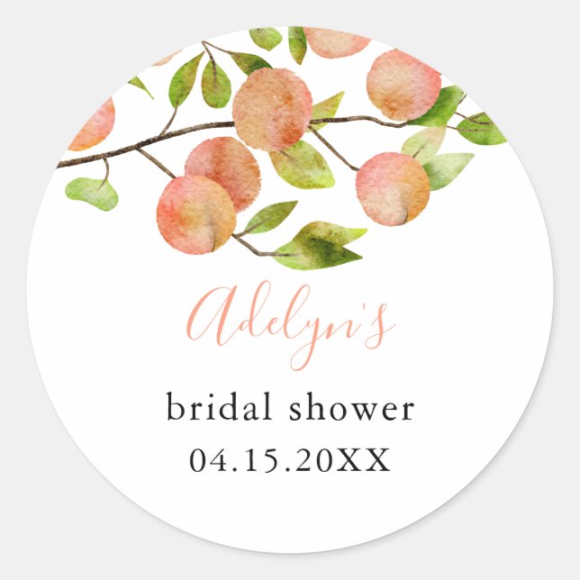 Pegatina Redonda Peach Watercolor Bridal Shower (Anverso)