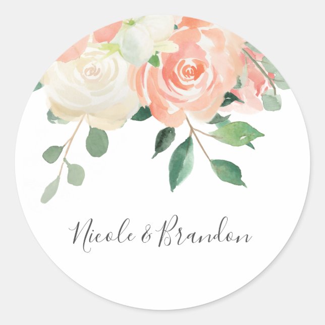 Pegatina Redonda Peach Watercolor Floral Bride y Groom (Anverso)