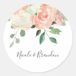 Pegatina Redonda Peach Watercolor Floral Bride y Groom