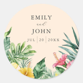 Pegatina Redonda Peach Watercolor Flores Tropicales Favor De Boda