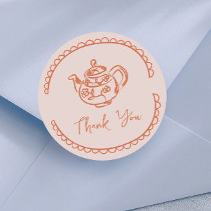 Pegatina Redonda Peach Whimsical Tea Pot Doodle Gracias Por Favor