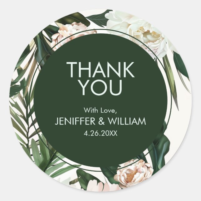 Pegatina Redonda Peach White Peonies and Green Leaves Boda Floral (Anverso)