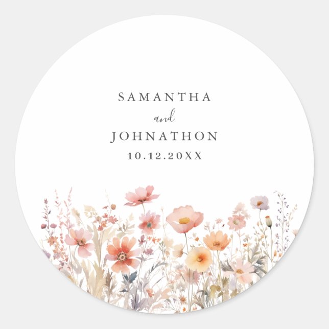 Pegatina Redonda Peach Wildflower Floral Boda (Anverso)