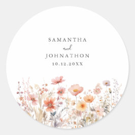 Pegatina Redonda Peach Wildflower Floral Boda
