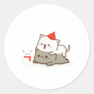 Pegatina Redonda Peach Y Goma Mochi Cat, Feliz Navidad