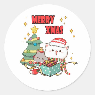 Pegatina Redonda Peach Y Goma Mochi Cat, Feliz Navidad