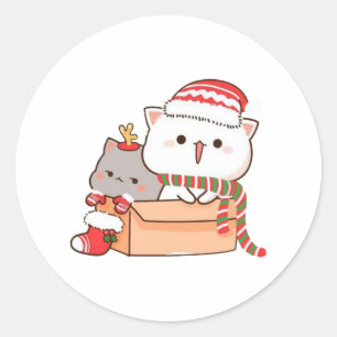 Pegatina Redonda Peach Y Goma Mochi Cat, Feliz Navidad