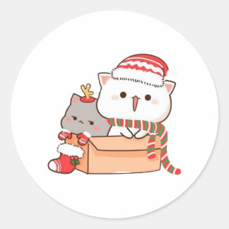 Pegatina Redonda Peach Y Goma Mochi Cat, Feliz Navidad