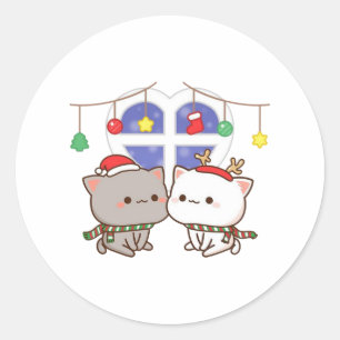 Pegatina Redonda Peach Y Goma Mochi Cat, Feliz Navidad