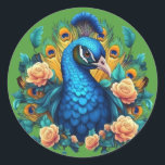 Pegatina Redonda Peacock Con Rosas De Engranaje<br><div class="desc">Observen la majestuosa belleza de nuestro impresionante arte con un resplandeciente pavo real adornado con una cascada de rosas rosadas de melocotón. Los tonos vibrantes y los detalles intrincados le dan vida a esta magnífica criatura, con su plumaje irrisorio brillando en tonos azules, verdes y dorados, mientras que rosas delicados...</div>