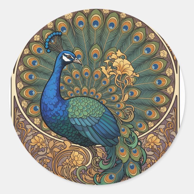 Pegatina Redonda Peacock de estilo Art Nouveau (Anverso)