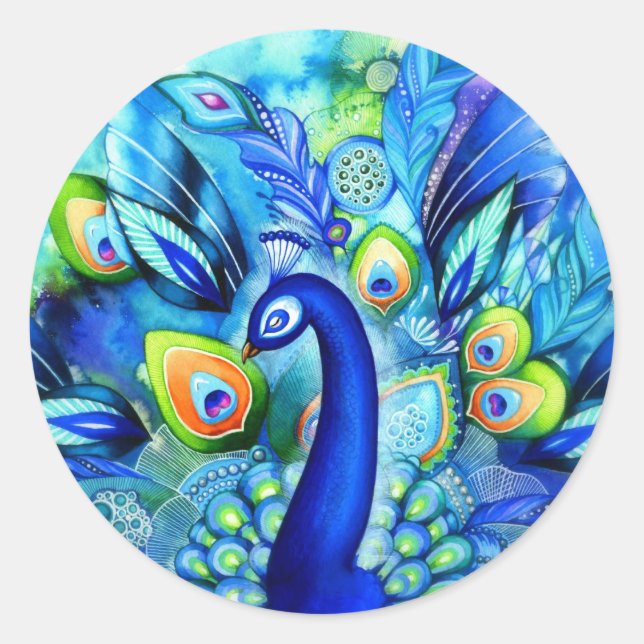 Pegatina Redonda Peacock en pleno auge (Anverso)