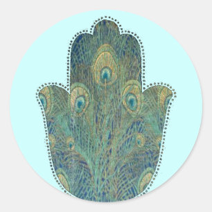 Pegatina Redonda Peacock Feather Hamsa