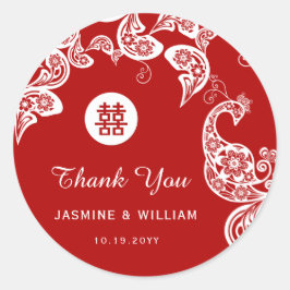 Pegatina Redonda Peacock floral rojo doble felicidad Boda asiático