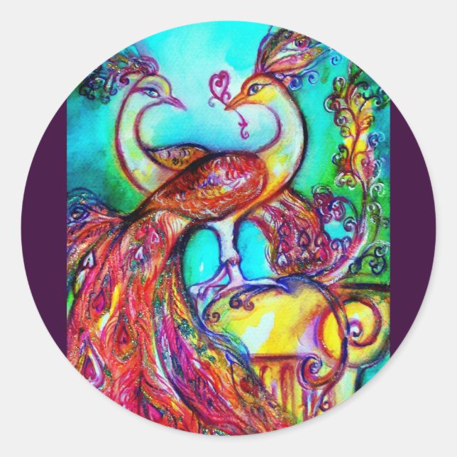 Pegatina Redonda PEACOCKS EN AMOR MONOGRAMA azul turquesa rojo verd (Anverso)
