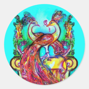 Pegatina Redonda PEACOCKS EN AMOR MONOGRAMA azul turquesa rojo verd