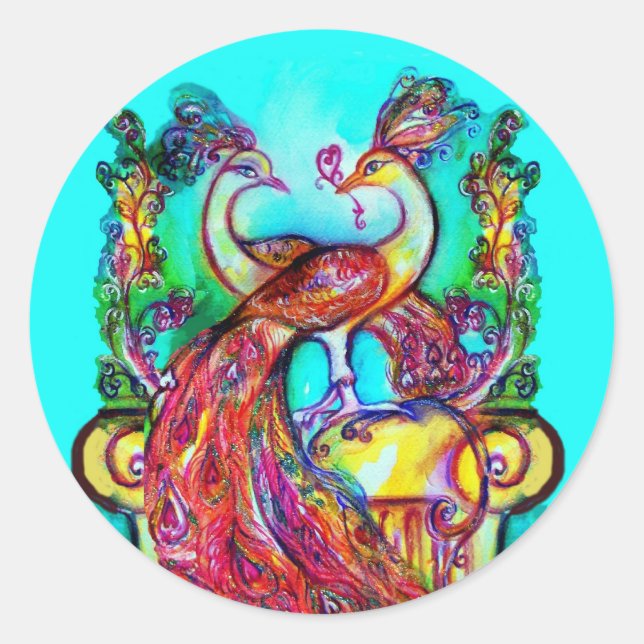 Pegatina Redonda PEACOCKS EN AMOR MONOGRAMA azul turquesa rojo verd (Anverso)