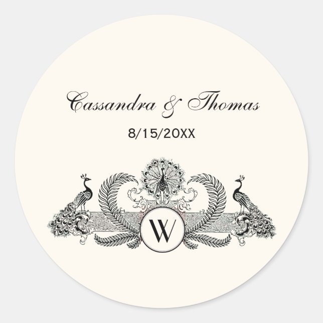 Pegatina Redonda Peacocks vintage Monograma Ivory BG (Anverso)