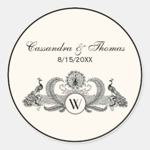 Pegatina Redonda Peacocks vintage Monograma Ivory BG