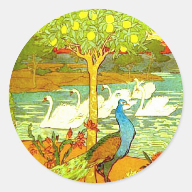 Pegatina Redonda Peacocks y cisnes de estilo Art Nouveau (Anverso)