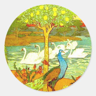 Pegatina Redonda Peacocks y cisnes de estilo Art Nouveau