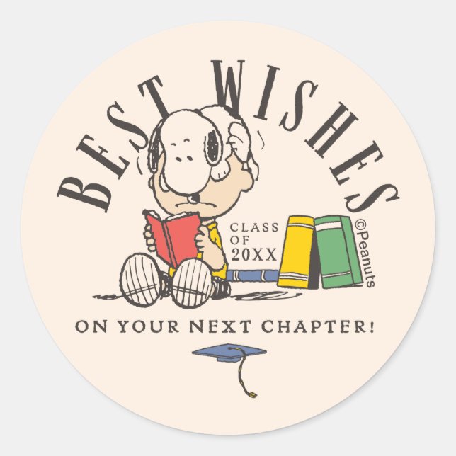 Pegatina Redonda Peanuts Best Wishes Graduation Snoopy Reading (Anverso)