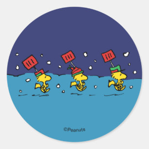 Pegatina Redonda Peanuts Equipo de Pala de Nieve de Woodstock