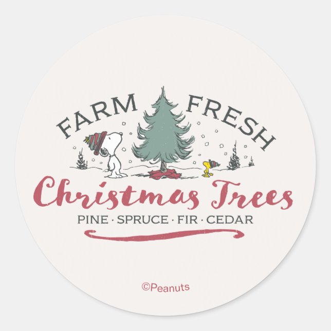 Pegatina Redonda Peanuts | Farm Fresh Christmas Trees (Anverso)