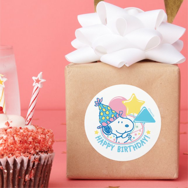 Pegatina Redonda PEANUTS | Globos de cumpleaños felices de Snoopy (Fiesta)