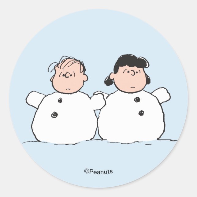 Pegatina Redonda Peanuts | Linus & Lucy Snowmen (Anverso)
