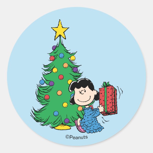 Pegatina Redonda Peanuts | Lucy árbol de Navidad navideño (Anverso)