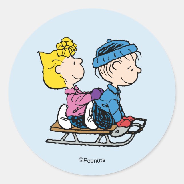 Pegatina Redonda Peanuts | Sally & Linus Sled Riding (Anverso)