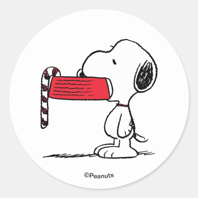 Pegatina Redonda Peanuts | Snoopy Candy Cane Food Dish (Anverso)