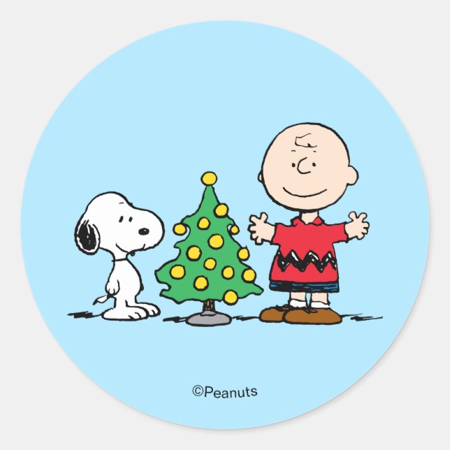 Pegatina Redonda Peanuts | Snoopy & Charlie Brown Christmas Tree (Anverso)