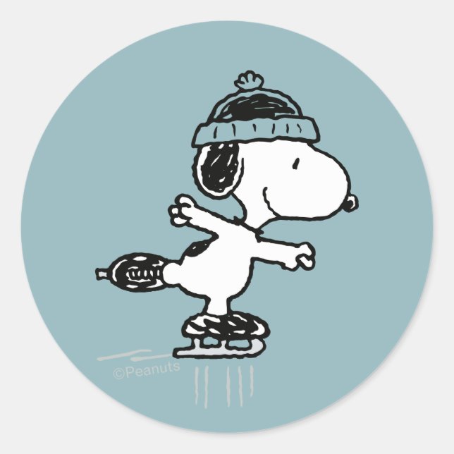 Pegatina Redonda Peanuts | Snoopy en el hielo (Anverso)