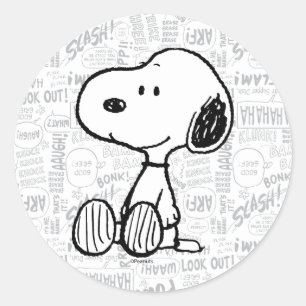 Pegatina Redonda PEANUTS   Snoopy on Black White Comics