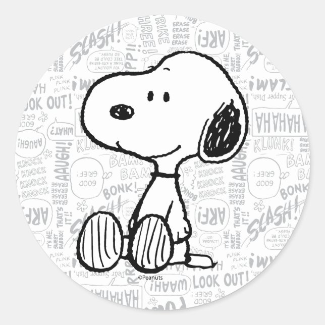 Pegatina Redonda PEANUTS | Snoopy on Black White Comics (Anverso)