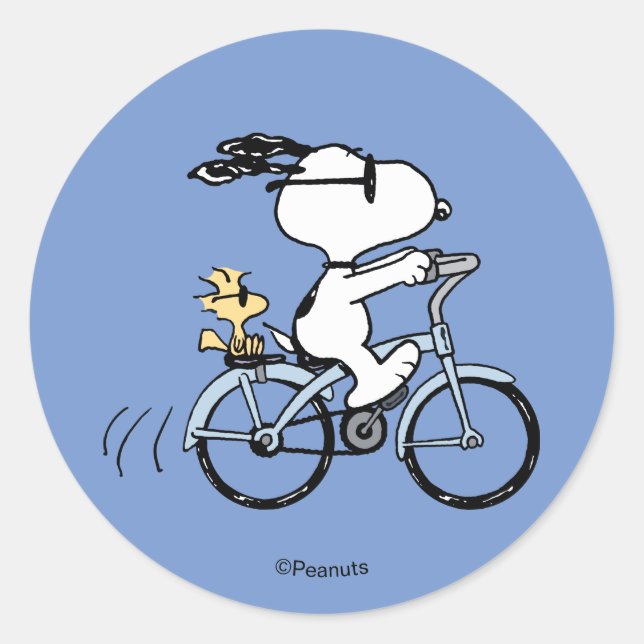 Pegatina Redonda Peanuts | Snoopy & Woodstock Bicycle (Anverso)