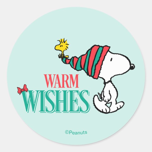Pegatina Redonda Peanuts | Snoopy & Woodstock Warm Wishes (Anverso)