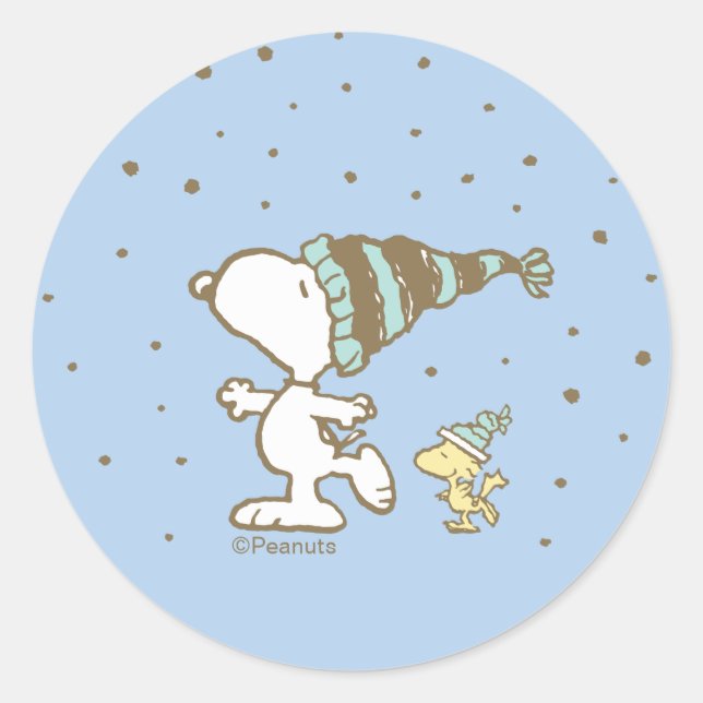 Pegatina Redonda Peanuts | Snoopy & Woodstock Winter Skating (Anverso)
