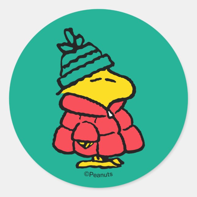 Pegatina Redonda Peanuts | Woodstock Puffy Winter Jacket (Anverso)