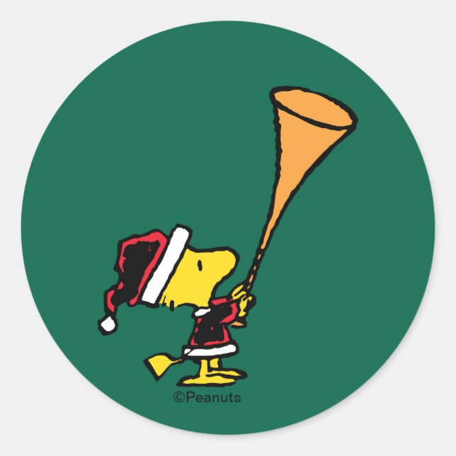 Pegatina Redonda Peanuts | Woodstock Santa Claus (Anverso)