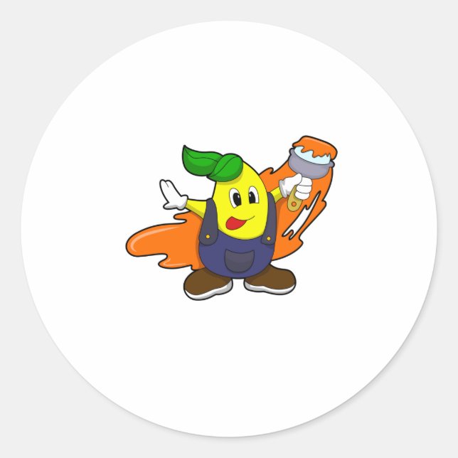 Pegatina Redonda Pear como pintador con pincel de pintura (Anverso)