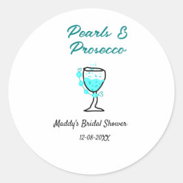 Pegatina Redonda Pearls and prosecco bridal shower blue black name