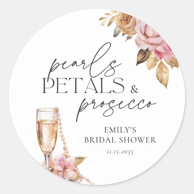 Pegatina Redonda Pearls Petals y Prosecco Floral Bridal Shower (Anverso)