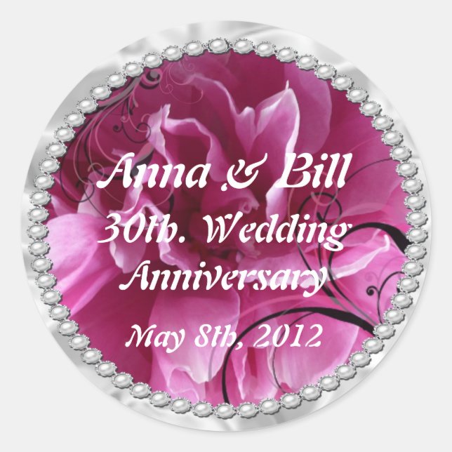 Pegatina Redonda Pearls & Pink Floral Swirls ahorran la fecha pegat (Anverso)