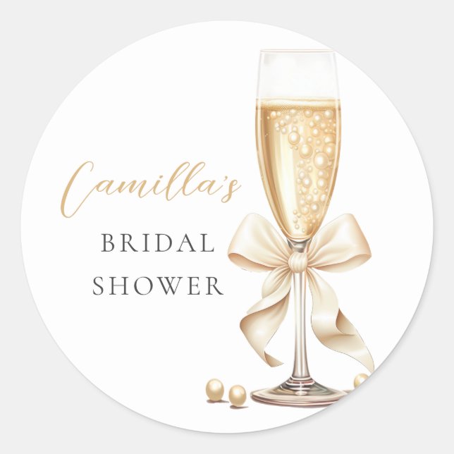 Pegatina Redonda Pearls y Prosecco Bow Bridal Shower (Anverso)