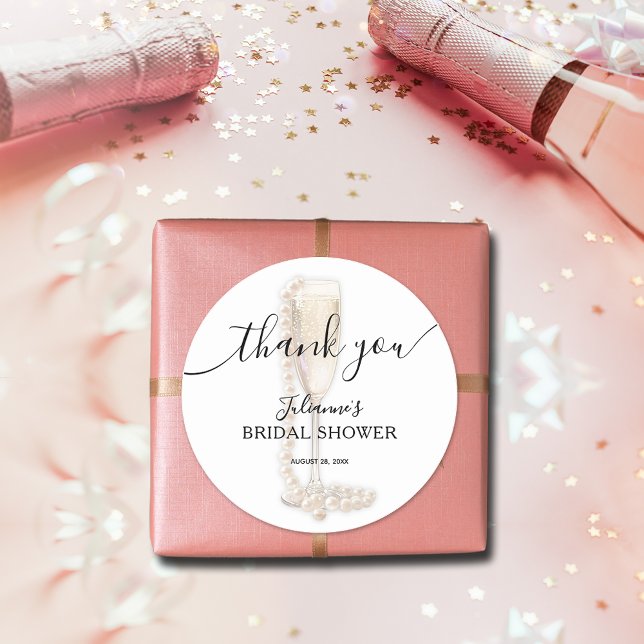 Pegatina Redonda Pearls y Prosecco Bridal Shower (Pearls & Prosecco bridal shower thank you favor stickers)