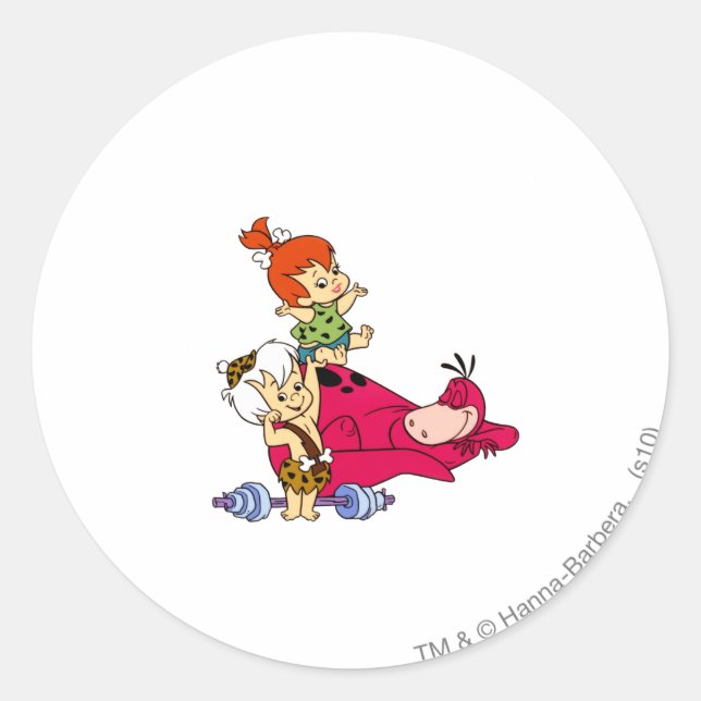 Pegatina Redonda PEBBLES™ y Bam Bam y Dino Playtime (Anverso)