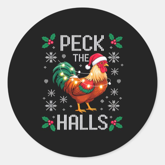 Pegatina Redonda Peck The Halls Chicken Christmas Lights Snowflakes (Anverso)